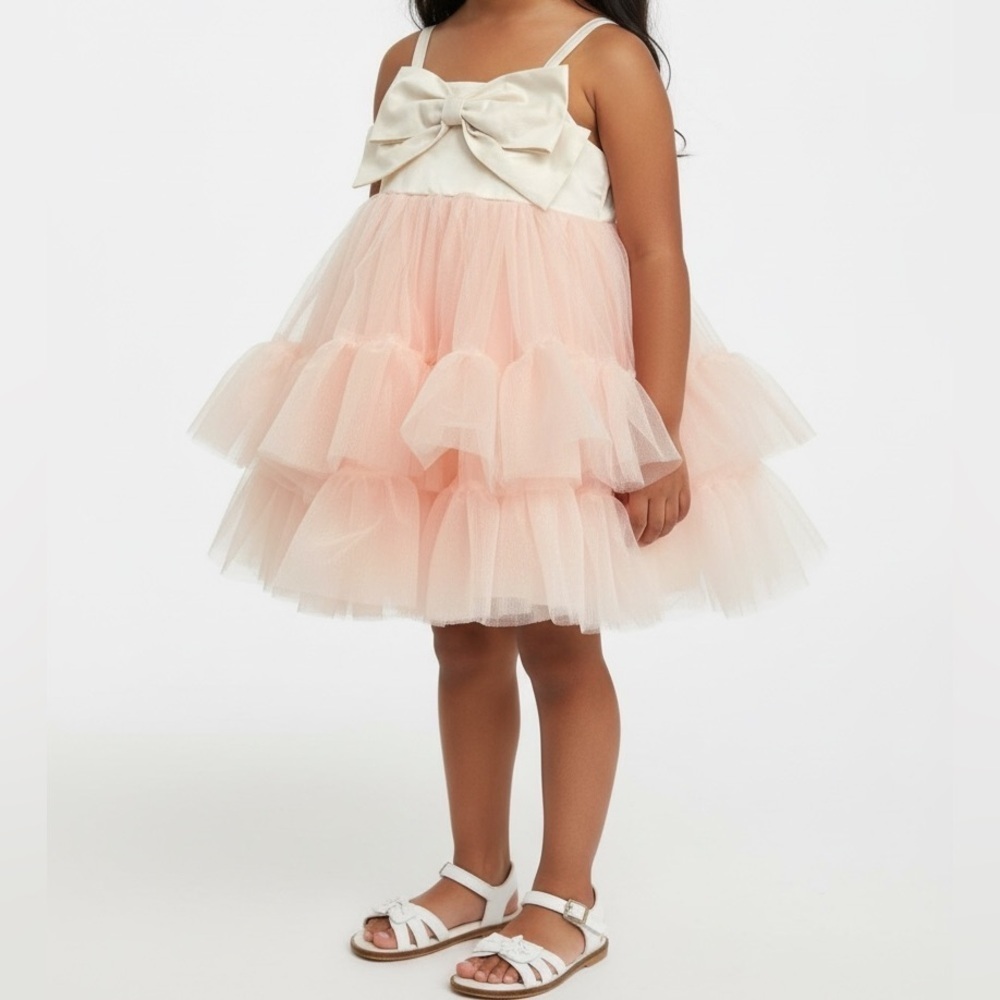 Rachel Zoe Cream Shimmer Bow Light Pink Tulle Special Occasion Dress | Size 2T